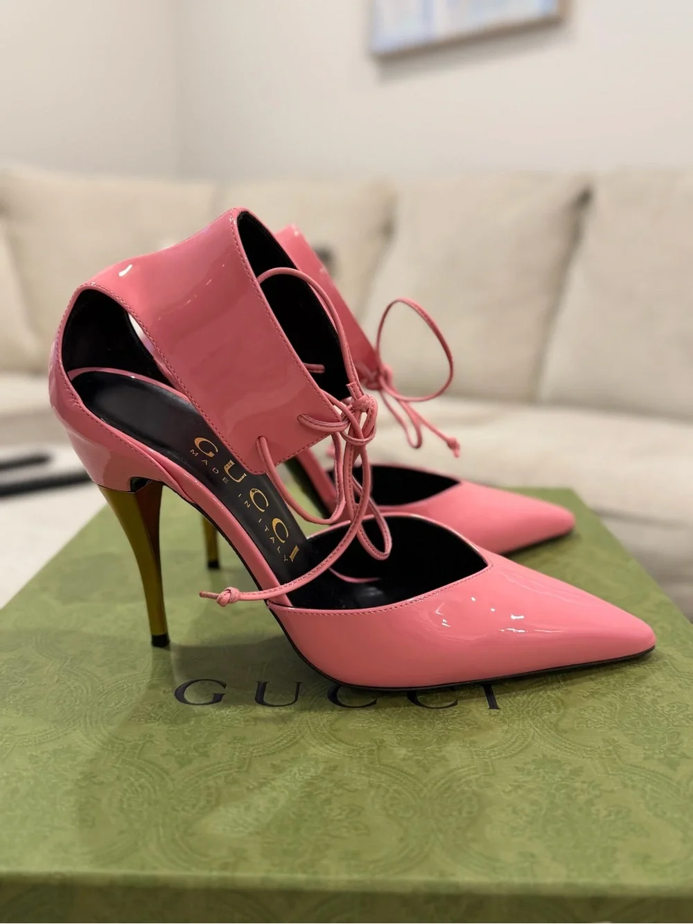 Gucci Women’s Pink Priscilla Ankle Cuff Patent Leather Heels Size 37 - Picture 10 of 15